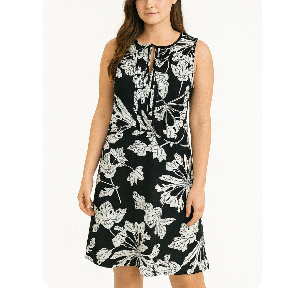 Banana Republic dress Tie-neck Floral Black White Sleeveless Dress sheath SZ 6
